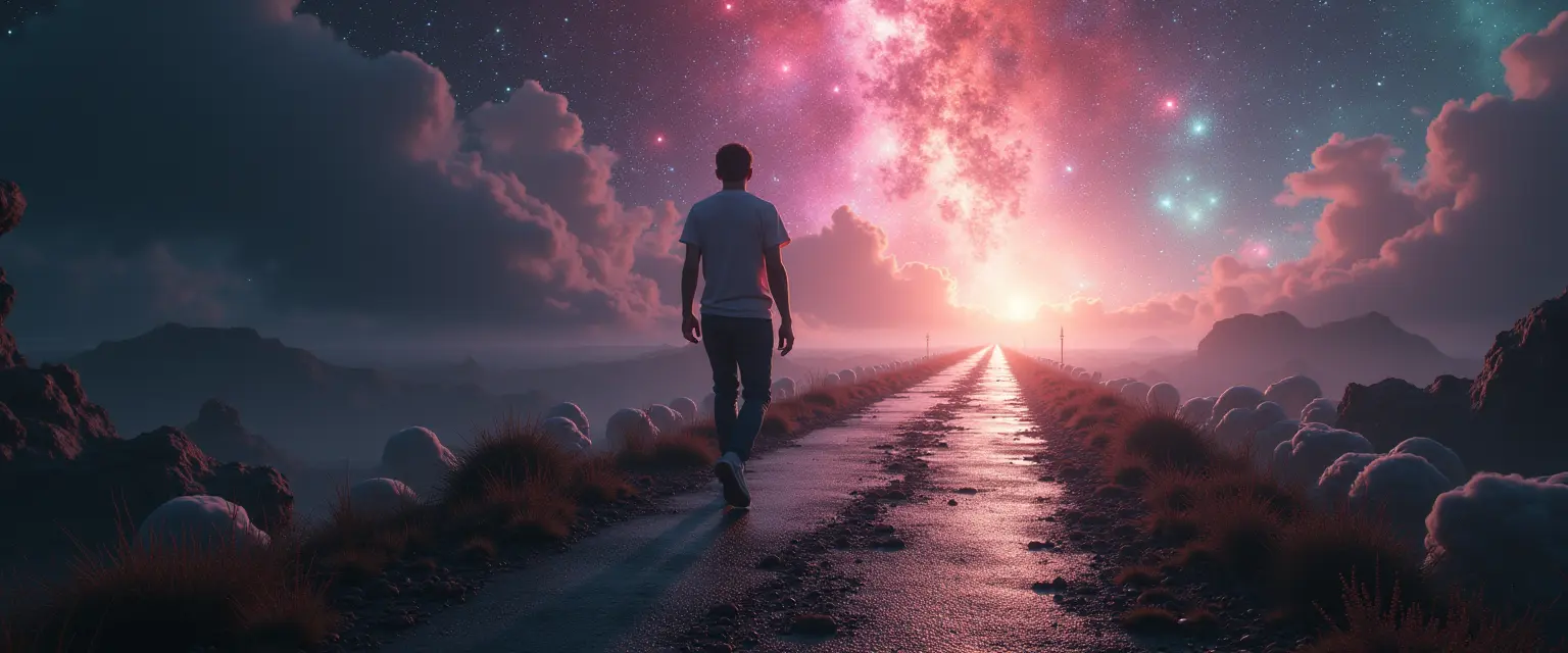 Person walking a glowing road under cosmic skies, symbolizing relocation for personal growth and transformation