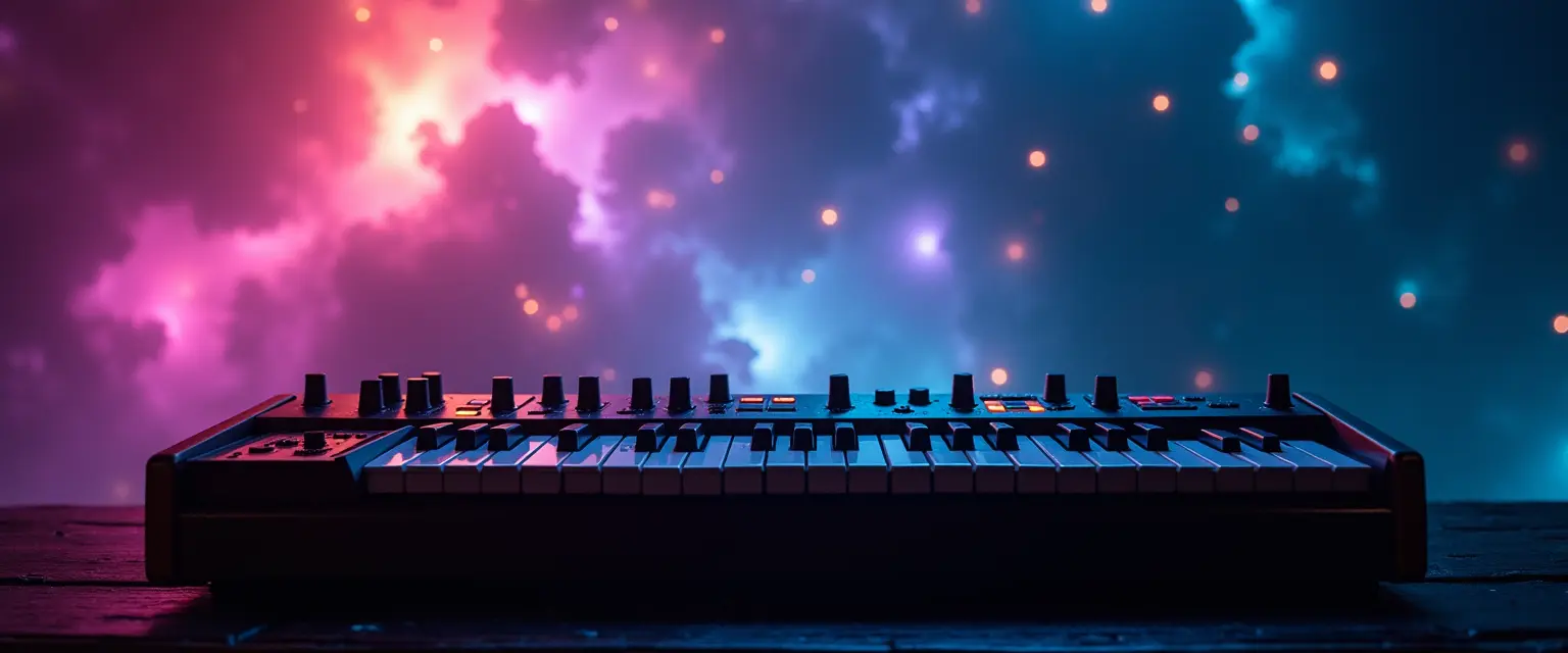 Synthesizer keyboard with glowing cosmic background, symbolizing the harmony of multiple interests in a personal brand