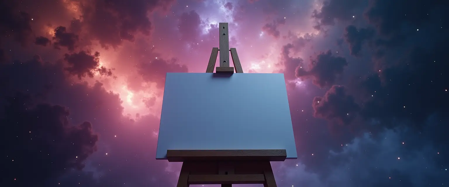 Blank canvas on an easel under a cosmic sky symbolizing personal brand potential