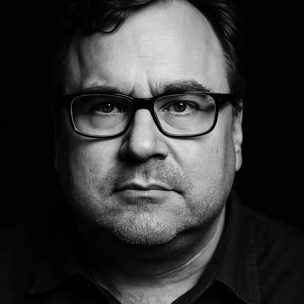 Black and white portrait of Reid Hoffman, entrepreneur and co-founder of LinkedIn