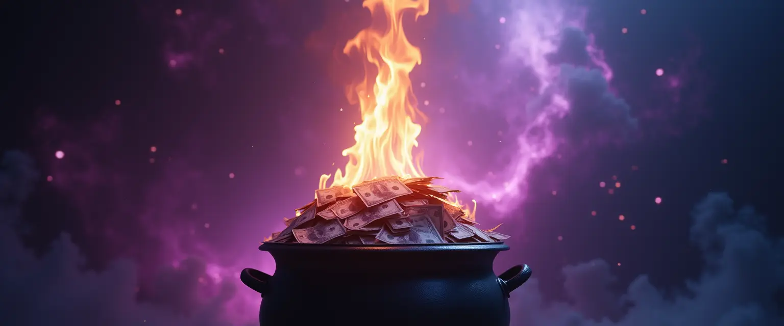 Flaming cauldron filled with burning cash under a cosmic sky symbolizing destructive money myths