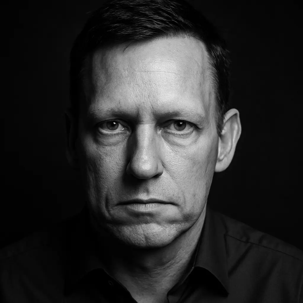 Black-and-white portrait of Peter Thiel representing strategic thinking about product and sales in startups