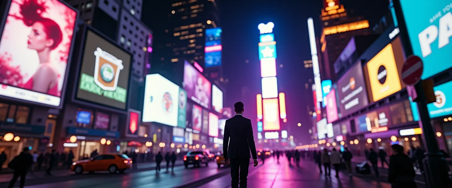 Businessman in suit walking through a neon-lit city full of digital billboards symbolizing product promotion and visibility